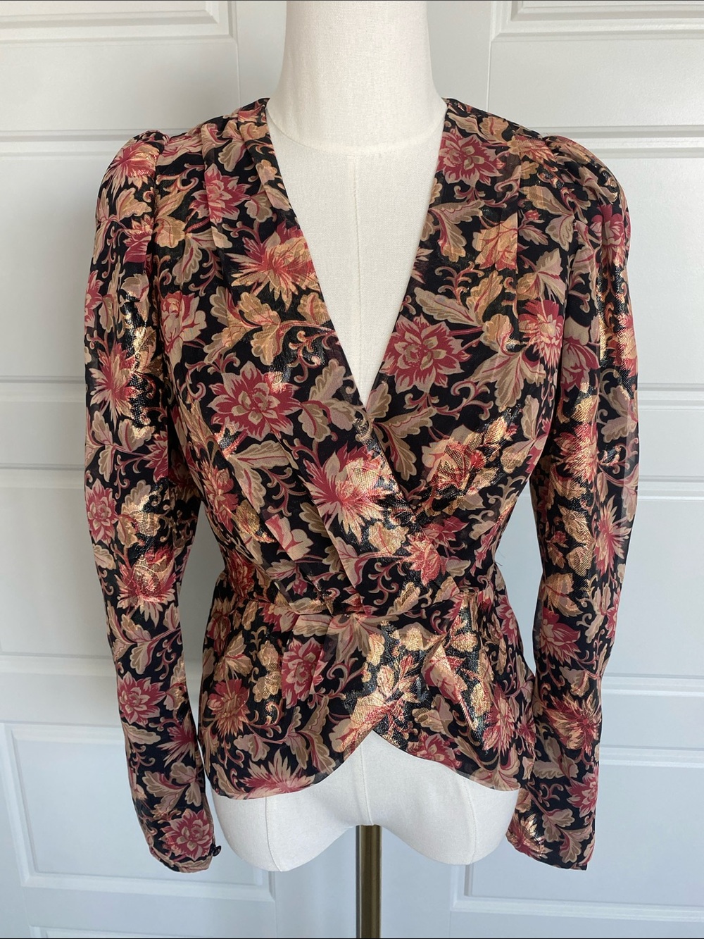 Express Metallic Floral Faux Wrap Peplum Puff Sleeve Blouse XS
